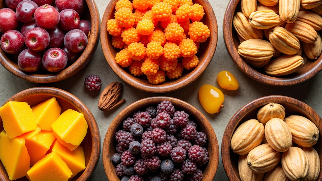 Variedade de frutas secas e frutos secos em tigelas