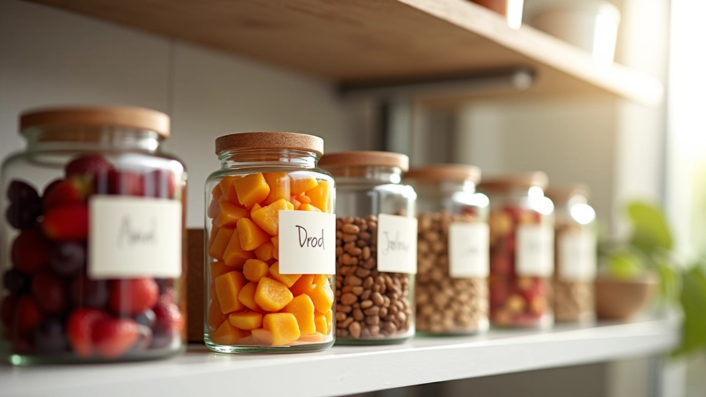 Frascos de vidro escuro com diferentes misturas de frutos secos organizados numa prateleira de cozinha, com etiquetas indicando data