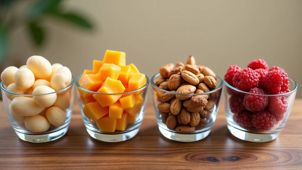 Quatro taças de vidro transparente, cada uma com uma combinação diferente de frutos secos e frutas secas organizadas de forma apetitosa