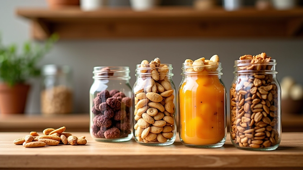 Pequenos potes de vidro com diferentes tipos de lanches saudáveis: sementes, frutas secas, amêndoas numa prateleira de cozinha
