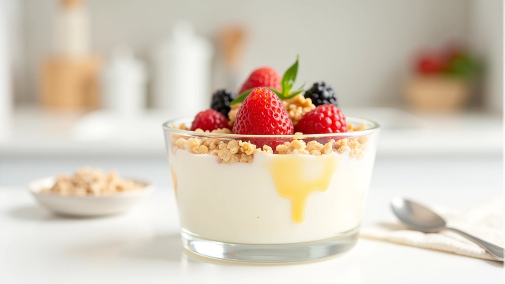 Iogurte grego branco num pote de vidro com mel dourado a pingar, granola castanha e frutas vermelhas frescas no topo