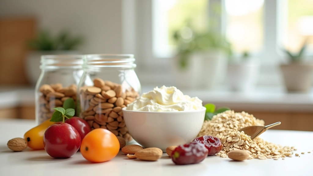 Arranjo de alimentos integrais: frascos com frutos secos, sementes, aveia em flocos, tâmaras e uma taça com iogurte natural, dispostos numa bancada de cozinha clara