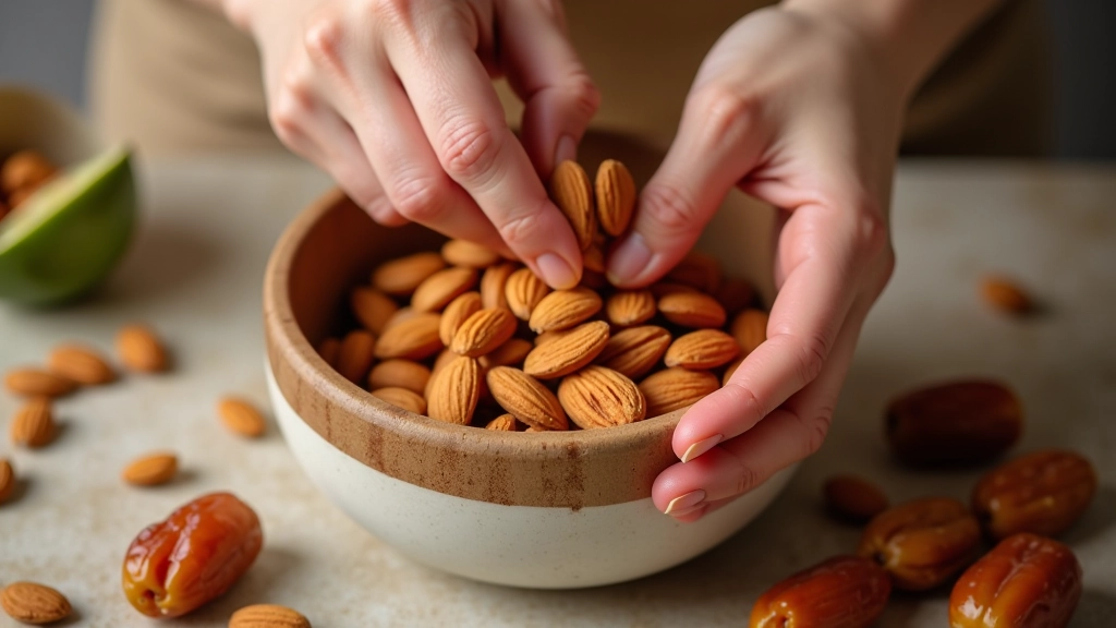 Mãos preparando combinação de snack: uma mão coloca amêndoas numa taça enquanto outra coloca passas, fundo desfocado com frascos de vidro contendo ingredientes