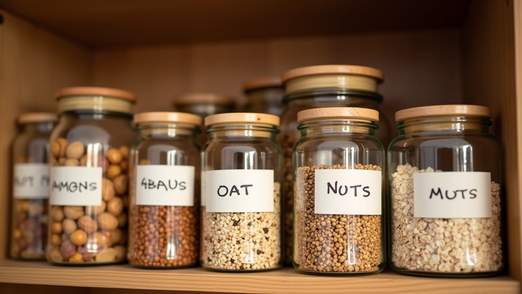 Organizador de cozinha com vários frascos de vidro etiquetados contendo frutos secos, sementes e aveia, colocados numa prateleira de madeira com luz natural