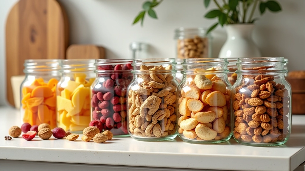 Várias frutas secas e nozes dispostas em pequenos potes de vidro numa prateleira de cozinha clara