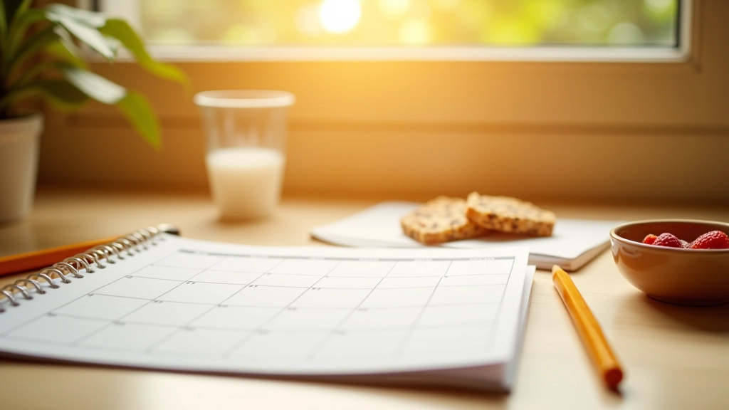 Planeamento visual: um calendário aberto com anotações, ao lado uma tigela com snack integral e um copo de água numa mesa de trabalho, luz matinal