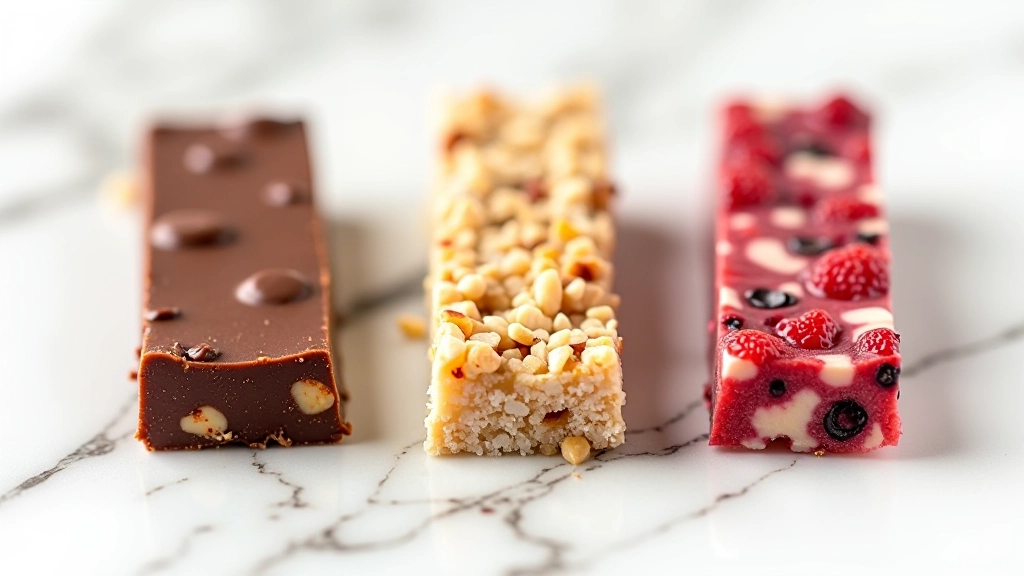 Diferentes variações de barras energéticas caseiras dispostas lado a lado: versão com chocolate, com coco e com frutos vermelhos