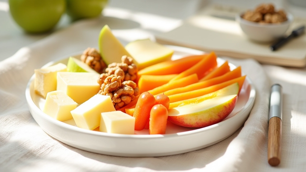 Prato branco com diferentes tipos de snacks saudáveis: queijo, cenoura, maçã e nozes, com anotações em papel ao lado