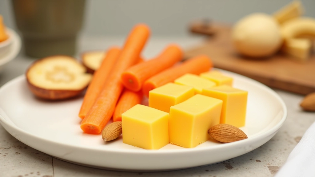 Pequeno prato com cubos de queijo branco, paus de cenoura laranja brilhante e amêndoas inteiras espalhadas