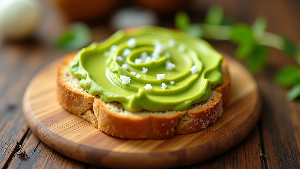 Fatia de pão integral escuro com abacate verde fresco espalhado, cristais de sal marinho visíveis, em tábua de madeira rústica
