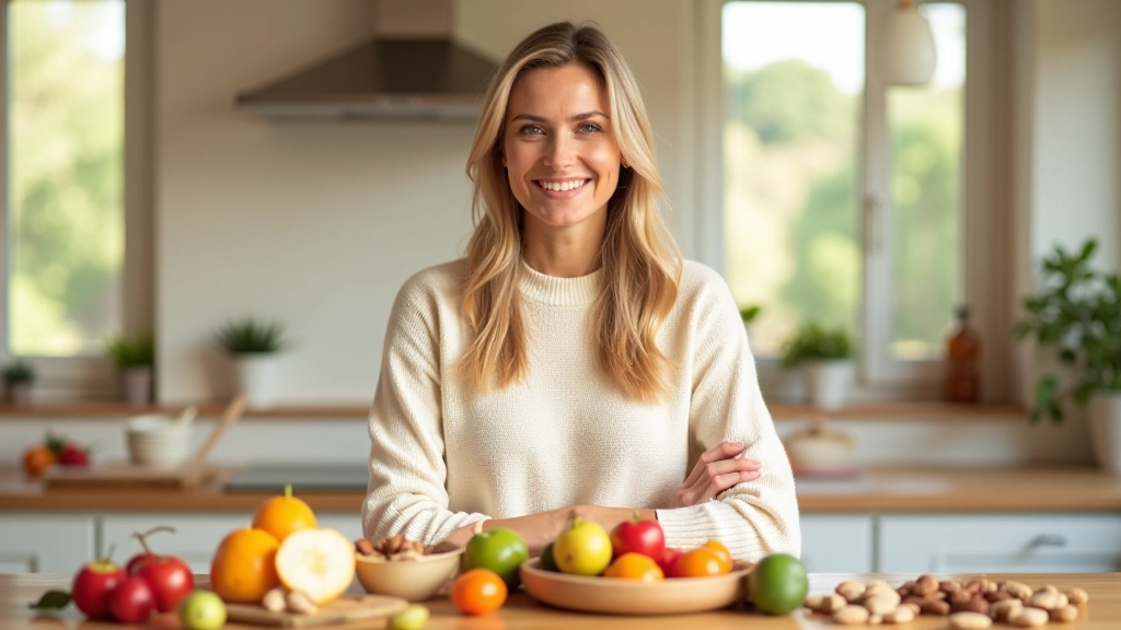 Mulher numa cozinha moderna com ingredientes saudáveis em cima da mesa