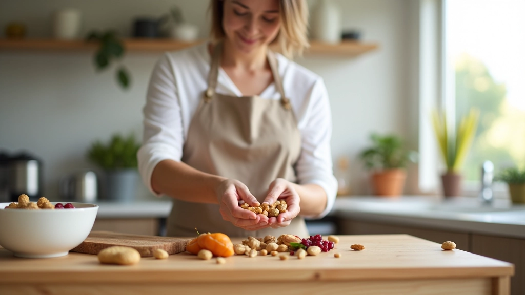 Pessoa preparando snacks saudáveis com frutas secas e nozes numa cozinha moderna e luminosa